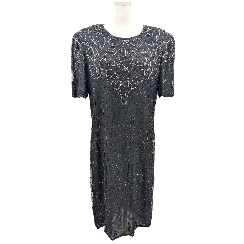 Vintage Silk‎ Beaded Dress 1X Black Midi Formal Plus Art Deco Short Sleeve